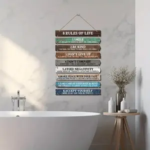 Motivational Wooden Hanging Sign, 1 Set 8 Rules Of Life Sign, Inspirational Wooden Hanging Wall Decor, Art Wall Decoration, Holiday Gift for Bedroom Kitchen Bathroom, Hanging Home Decor, Hangable