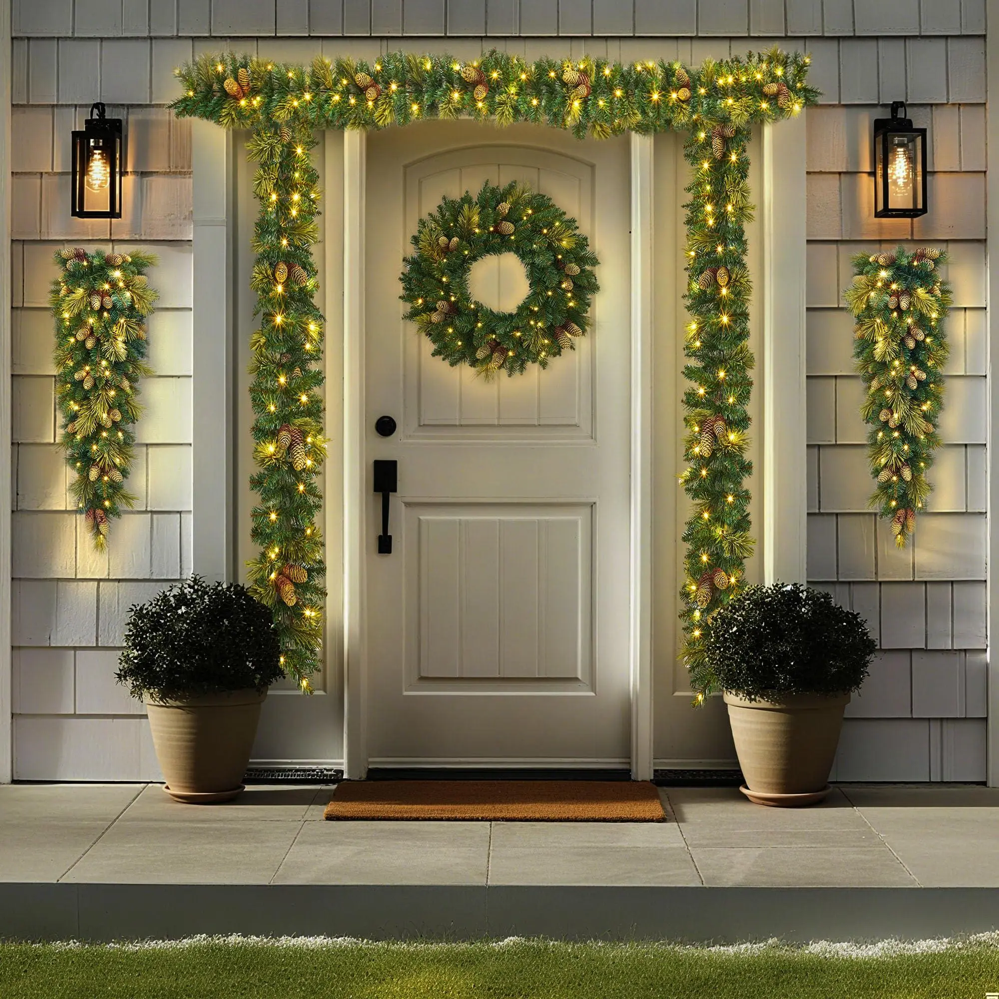 GARVEE 6-Piece Pre-Lit White LED Christmas Holiday Decorations Set - Tree, Garland, Wreath, Swags