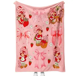 Cute Strawberry Girl Flannel Blanket Kawaii Anime Aesthetic Soft Warm Throw Blanket for Bedroom Couch Sofa Dorm Room Gamer Room Decor Cozy Home Gift Holiday Christmas Gift for Girls Teens Viral Trending Style