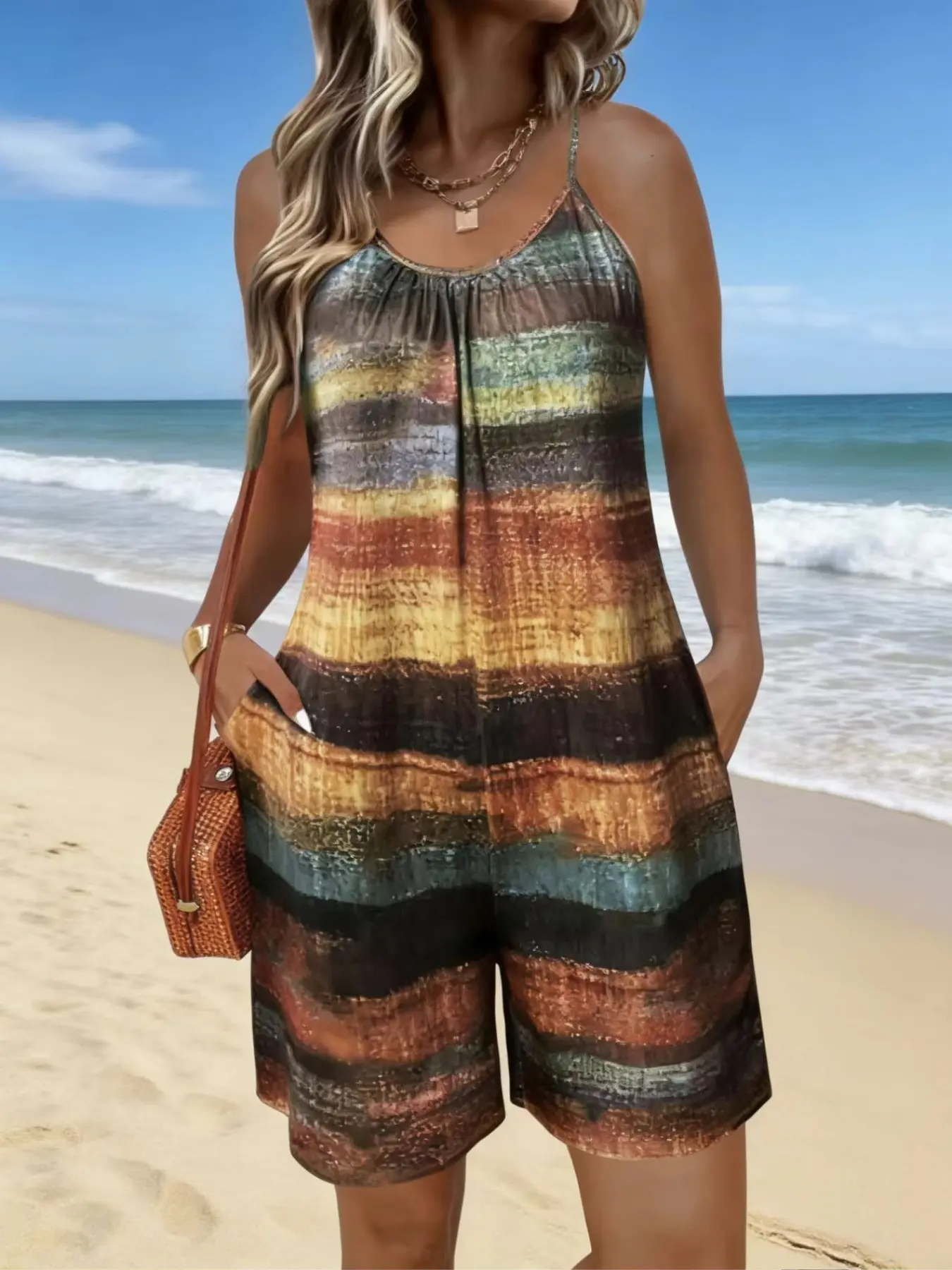 Summer New Plus Size Women's Casual Cami Romper, Womenswear, Comfortable Soft Fabric, Regular-Fit, Ladies Stylish One-Piece for Vacation