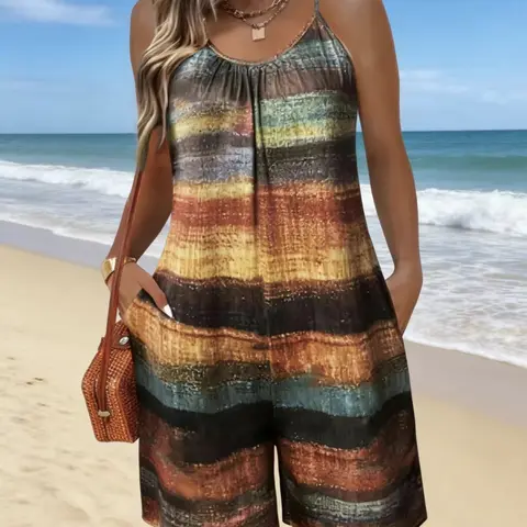Summer New Plus Size Women's Casual Sleeveless Cami Chic Romper, Womenswear, Comfortable Soft Fabric, Regular-Fit, Ladies Stylish One-Piece for Vacation