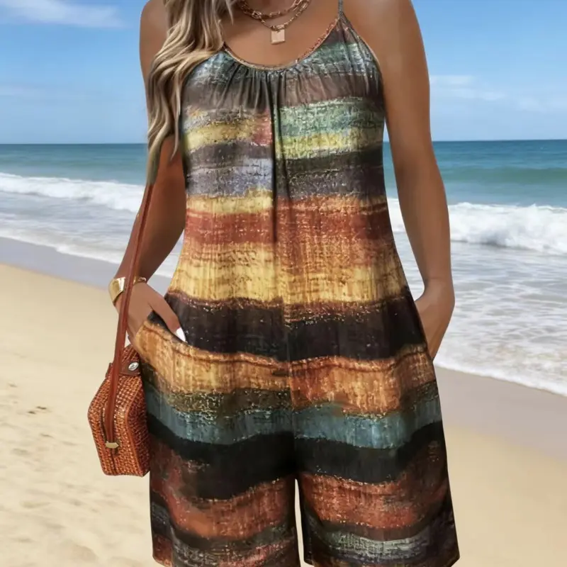 Summer New Plus Size Women's Casual Sleeveless Cami Chic Romper, Womenswear, Comfortable Soft Fabric, Regular-Fit, Ladies Stylish One-Piece for Vacation