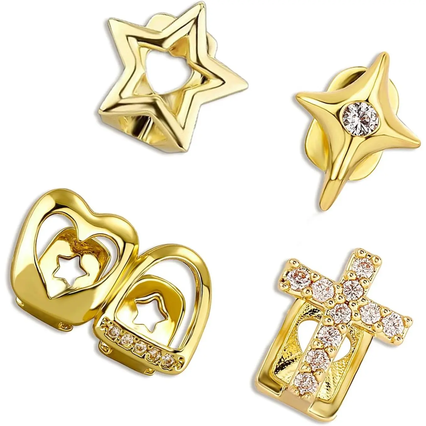 4 PCS Grillz for Women Gold Jeweled Tooth Grill Mouth Caps Gold Womens Teeth Grills with Gems Single Tooth and Gap Designs Hollow Heart Star Cross Hip-Hop Jewelry for Men