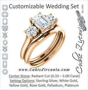 CZ Wedding Set, featuring The Yolonda engagement ring (Customizable 3-stone Cathedral-set Design with Radiant Cut Center and Round Cut Accents)