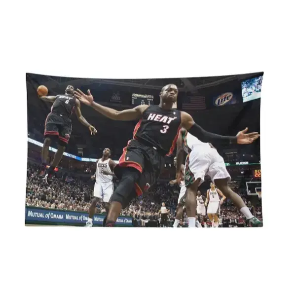 LeBron James & Dwyane Wade 2010 Iconic Alleyoop Iconic Photo Fabric Tapestry Wall Hanging - Rectangular Unisex Collectibles Home Decor for Bedrooms, Sports Fans