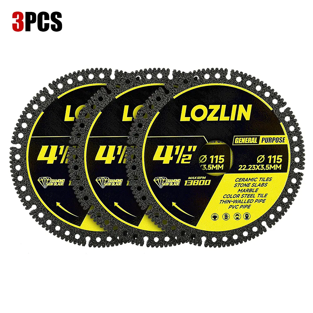 LOZLIN 3PCS 4.5" Multi-Purpose Diamond Saw Blades - for Quartz/Tile/Ceramics/Marble/Stone/Metal/Wood, Angle Grinding Cutting Discs 22.23 Arbor