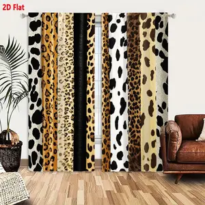 2D Flat 7-Piece Animal Print Textured Window Curtain Set 2 Panels, Room Decor Curtain - Black White Cow Print, Golden Brown Leopard, Light Off-White Subtle Leopard, Solid Black Leather, Black White Zebra