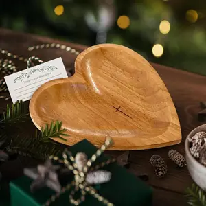 Wooden Prayer Bowl with Cards, Thanksgiving&Christmas Heart Prayer Bowl with Engraved Cross Religious Christian Gifts for Women and Men, Faith-Based Home Decor for Meditation, Congregation Gift, Log Color, Vintage Ornament