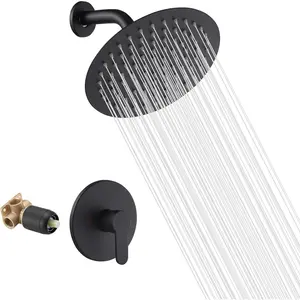 Matte Black Shower Faucet  Single Function Shower Trim Kit with Rough-in Valve Shower Set Bath Rainfall Shower Faucet System 8inch Round Stainless Steel Metal Shower