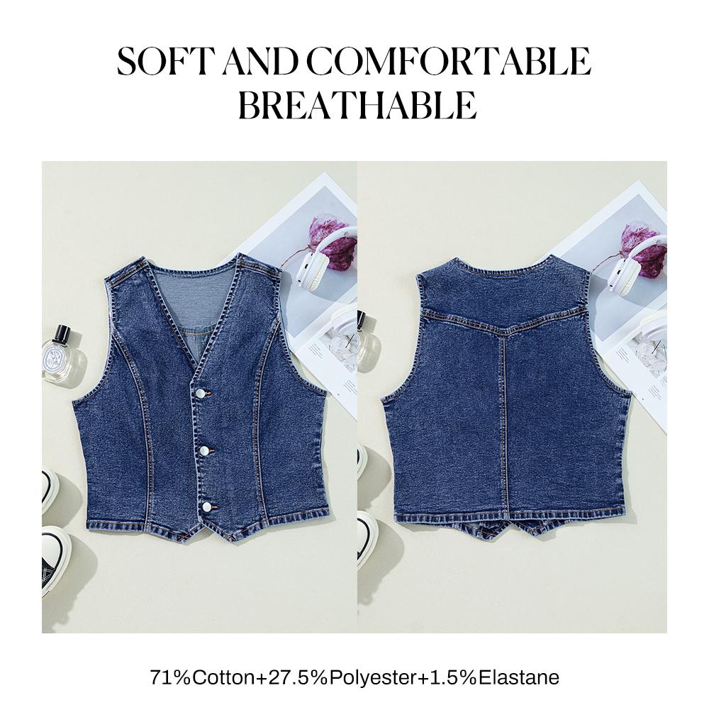 Sidefeel Women's Denim Vest Sleeveless V Neck Zimbaplatinum Jean Vest Top Button Down Crop Waistcoat Vest Summer Outfit SpringStatements