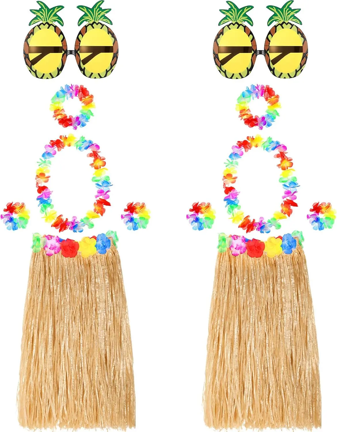 2 Sets 60 cm Hawaiian Hula Grass Skirt with Pineapple Sunglasses Flower Accessories, StrawGift.