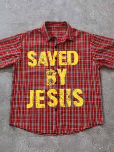 1 PC Men's Plaid Graphic Shirt Streetwear Saved By Jesus Letter Print Red Tartan Short Sleeve Button Down Casual Top for Men & Teens