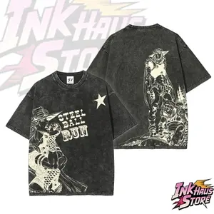 *JoJo's Bizarre Adventure: Steel Ball Run* themed acid wash T-shirt, featuring manga panels of the protagonists Johnny Joestar and Gyro Zeppeli from Part 7, along with the "STEEL BALL RUN" logo - Short Sleeve Cotton Unisex Retro Wash Tee JP1