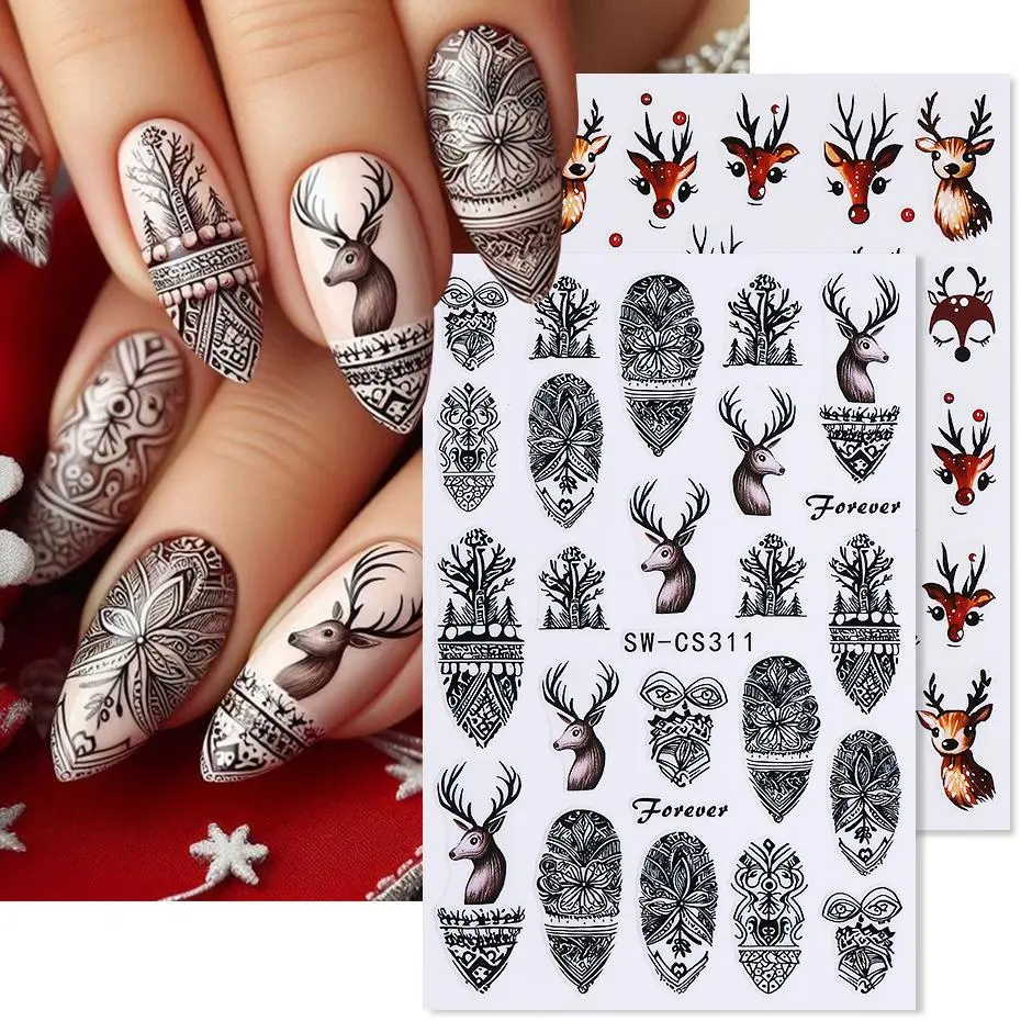 2pcs Christmas Nail Stickers Self-Adhesive Cartoon Elk Retro Petals Reindeer Design Nail Decals DIY Manicure Decoration Sliders