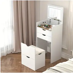ARCH Vanity Table Set with Mirror and Stool, Multifunctional Makeup Dressing Table with 3-Color LED Lighted HD Mirror, 2 Sliding Drawers & Hidden Storage Stool, Modern Vanity Set for Bedroom