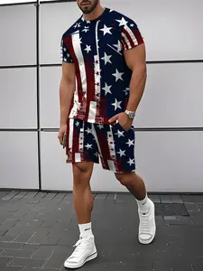 Men's Summer Distressed American Flag Print Casual Set