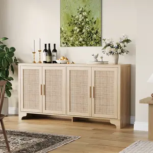 Modern Boho Rattan TV Stand with 4-Door Sideboard, Entertainment Center Storage Cabinet Credenza Console Table, Fits TVs Up to 70 Inch, Multi-Purpose Entryway Coffee Bar Buffet, Oak & White Home Living Room Furniture