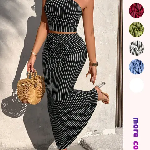 Women's Sexy Chic One-Shoulder Striped Knit Two-Piece Set Outfit, Slim-Fit Asymmetrical Neckline Top & High-Waist Tie Front Skirt for Summer Vacation Skirt Top Sets