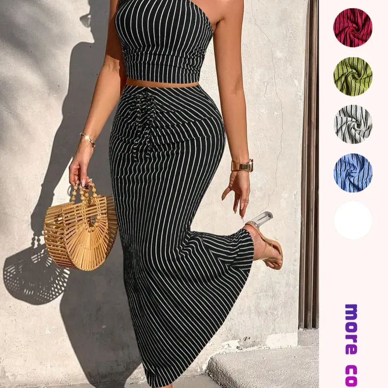 Women's Sexy Chic One-Shoulder Striped Knit Two-Piece Set Outfit, Slim-Fit Asymmetrical Neckline Top & High-Waist Tie Front Skirt for Summer Vacation Skirt Top Sets