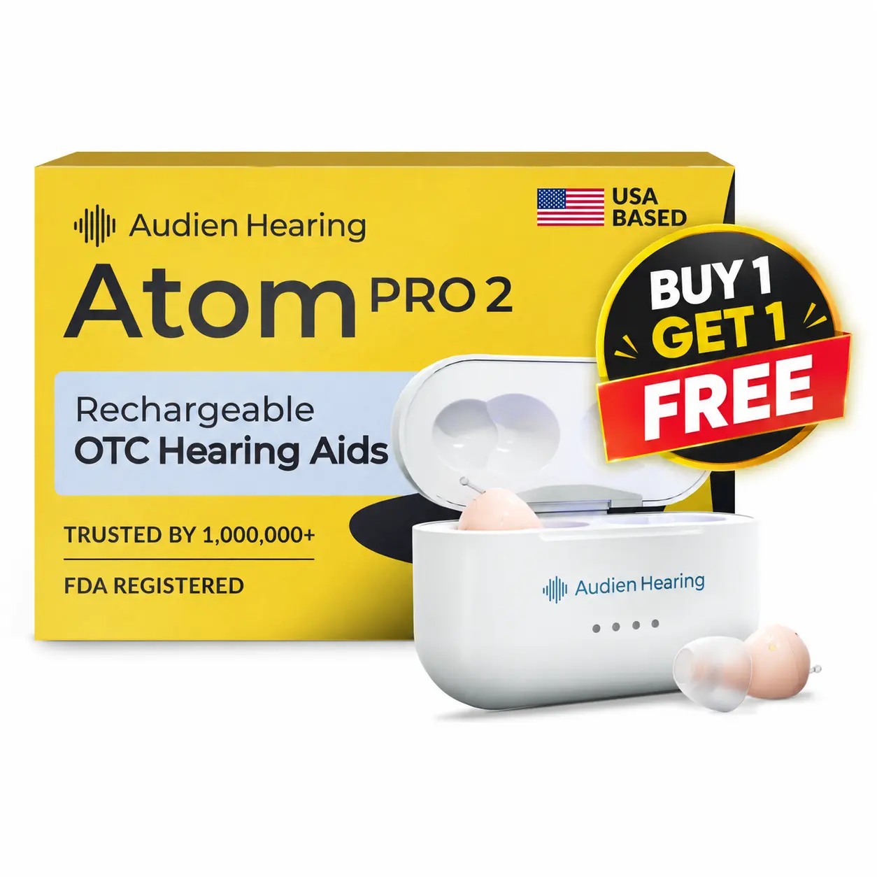 Audien Atom Pro 2 OTC Hearing Aids – Buy 1 Get 1 Free, HSA/FSA Eligible, Rechargeable In-Ear Hearing Aids for Adults, No Prescription