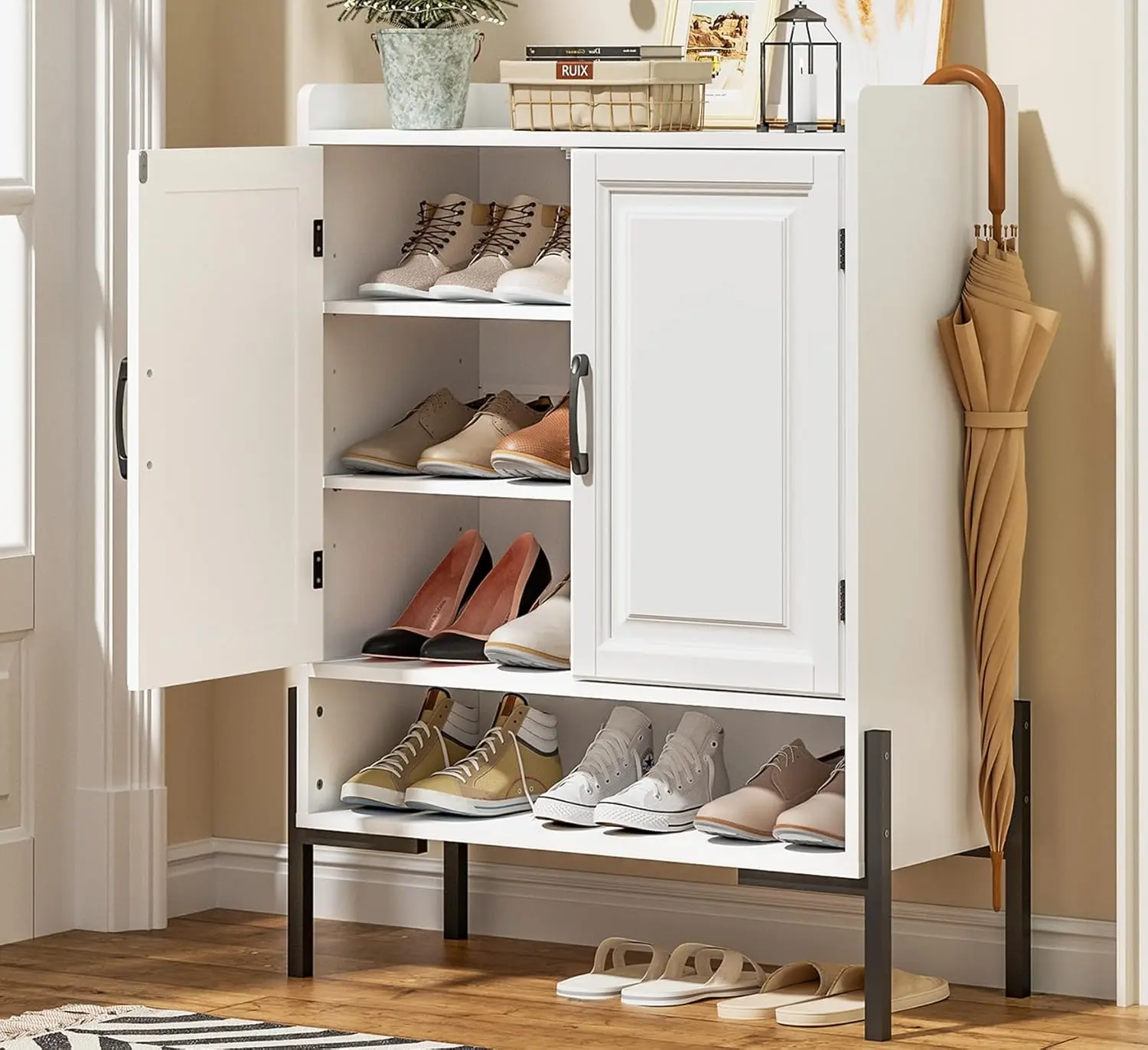 Farmhouse Shoe Cabinet with Doors, 4-Tier White Wooden Shoe Storage Cabinet with Adjustable Shelves, 40" Tall Shoe Organizer, Modern Shoes Cabinet Storage for Entryway (30" L x 15" W x 40" H)