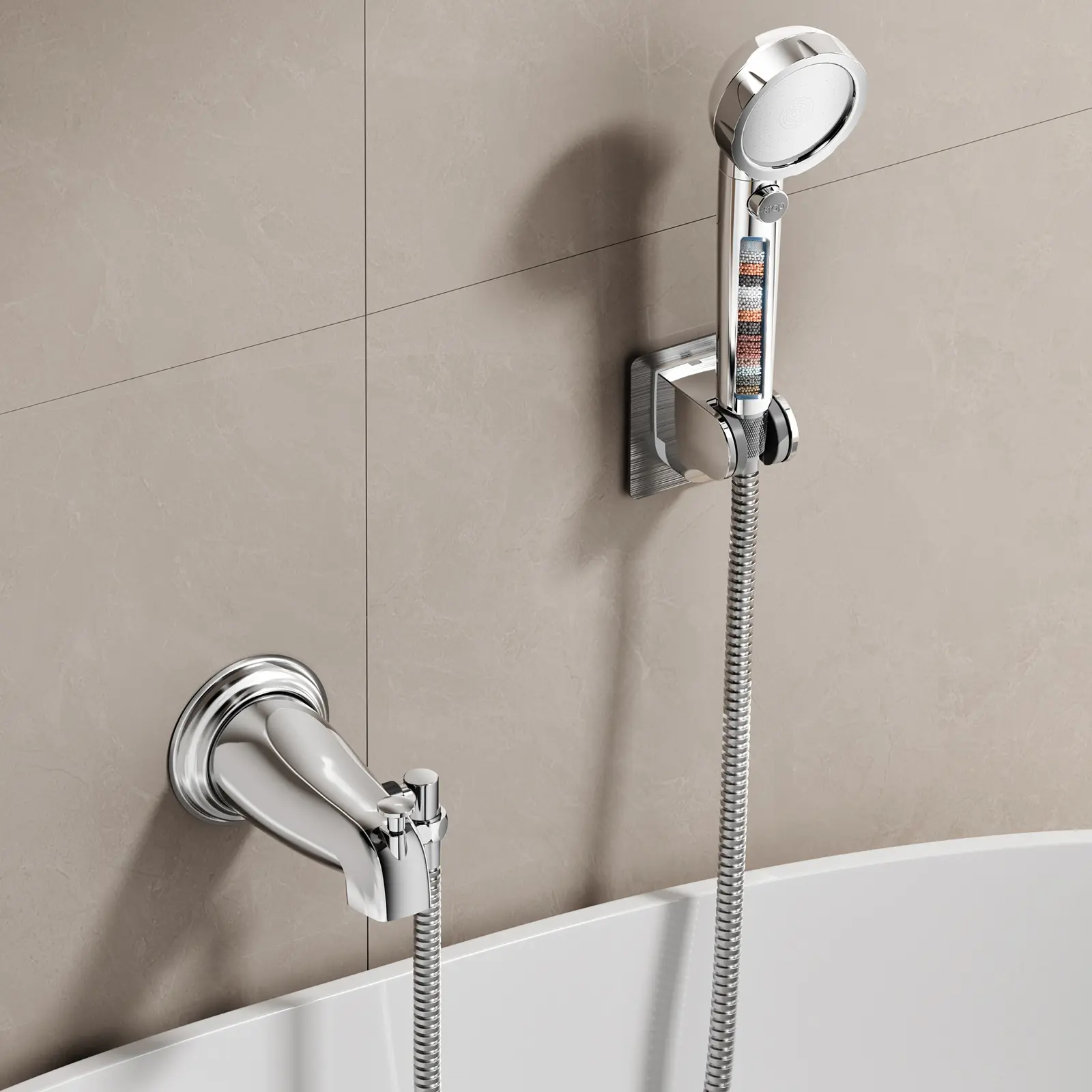 Metal Bathtub Faucet with Sprayer, 3-Mode Shower Head with ON/OFF Button & Filter, Tub Faucet-Attachable Shower Attachment with 3 Adapters, Detachable Shower Head, Bathroom Shower Head