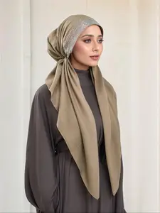Women's Solid Color Rhinestone Decor Instant Hijab, Turban Hijab, Modest Fashion Breathable Hijab for Daily Wear, Women's Islamic Clothing for All Seasons