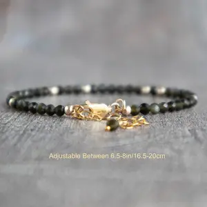 Natural Green Cat Eye Bracelet - Handmade 2mm Crystal Healing Gemstone Faceted Beads Adjustable Bracelets for Men,Women