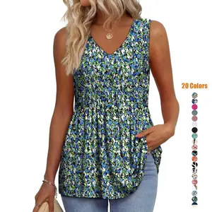 Women’s Floral V Neck Babydoll Tank Top - Flowy Pleated Peplum Summer Sleeveless Shirt, Relaxed Fit Boho Blouse