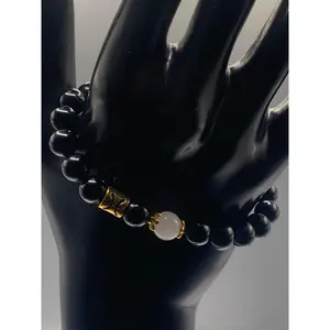 Pisces Zodiac black obsidian with white chalcedony elastic beaded bracelet with gold accents