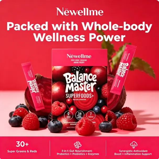 Newellme Balance Master Super Reds Powder, Beet Root Drink Mix with Prebiotic Fiber, Probiotics & Digestive Enzymes, Nitric Oxide Support for Blood Pressure, Heart & Leg Vein Health, 0 Sugar Added, Mixed Berry, 14 Stick Packs