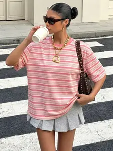 Women's Striped T-Shirt, Cute Short Sleeve Top, Sweet Summer Casual Wear, Adorable Kawaii Soft Girl Style Clothing, Fashion