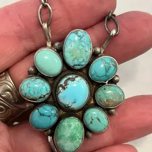 Blossom Design Genuine Turquoise Pendant, .925 SS Chain Fine Jewelry