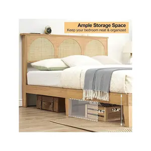 Natural Double Bed Full Bed Frame with Rattan Headboard, LED Lights, Solid Wood Foundation, Easy Assembly, No Box Spring Needed, Noise-Free