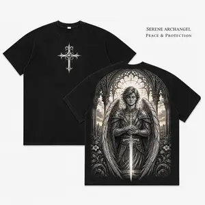 Unisex 100% Cotton Oversized T-Shirt | Gothic Archangel Warrior Sword Print, Christian Religious Graphic Streetwear Tee-ZB