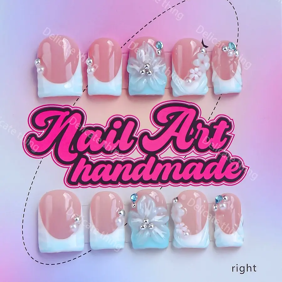 Delicatething Y2K Style Nail Set, Handmade Nail Art Square Duckbill Nails, Nail Art Diy, 4 Sizes XS S M L, Perfect Gift for Girls, Includes Jelly Glue Crystal Stick, Nail Kit