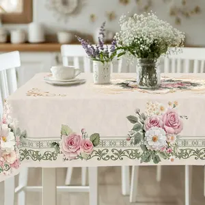 1 Piece of Spring and Summer Romantic Retro Rose Daisy Pattern Tablecloth, French Elegant Floral Print Rectangular Tablecloth, Home Kitchen Table Cover, Indoor and Outdoor Use, Home Decoration