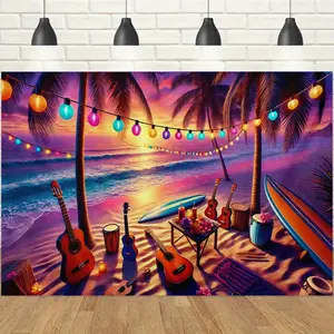 1pc 2D Beach Sunset Music Theme Banner, Coconut Trees Surfboards & Musical Instruments String Lights, Romantic Lazy & Tropical Vibe, Perfect for Beach Parties, Music Festivals & Summer Themed Events Decor Backdrop