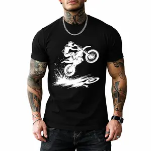 Men’s Motocross Rider Graphic T-Shirt, Casual Short Sleeve Crew Neck Tee with Off-Road Dirt Bike Jump Silhouette Print, Comfortable Lightweight Streetwear Top for Outdoor Sports Fans, Biker Style Daily Wear and Gift for Motorcycle Enthusiasts