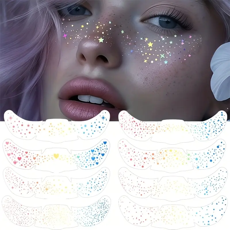 10 Pcs Mixed Glitter Laser Freckle Stickers, Rainbow Heart Star Waterproof Temporary Tattoo Decals, Party Holiday Daily Makeup Decorations, Glitter Tattoos, Fake Tattoo, Glitter Freckles Face Tattoo