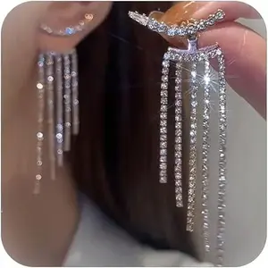 ChicBloom B Prom Earrings Silver Jewelry for Prom Dresses 2026 Rhinestone Earrings for Women Sparkly Long Tassel Chandelier Earring Dangling Wedding Party Formal Evening Dress Accessories