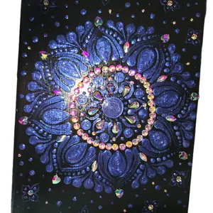 Hand Painted Leather Journal with Purple dot art  Design and Sparkling Accents on Black back cover