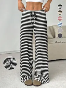 Spring Summer Women's New Casual Striped Elastic Drawstring Knit Fashion Loose Straight Leg Pants, Casual Comfy Trousers, Trendy Long Trousers for Ladies