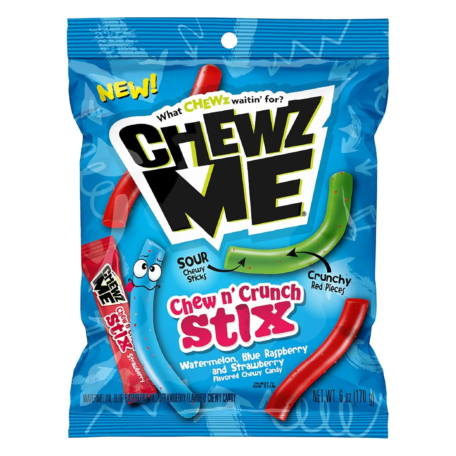 ChewzMe Chew N' Crunch Stix - Tangy Chewy Candy Straws Coated w\/Crunchy Pieces - Individually Wrapped,Assorted Flavors, 6 Ounce (Pack of 1)