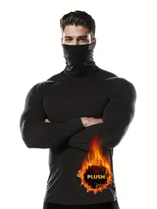 Men's Tight-Fitting High Neck Sports Underwear, Polyester Fiber, High Elasticity, Solid Color, Suitable for All Seasons, Athletic T Shirt