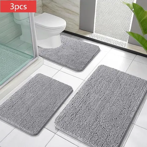 Plush Chenille Bathroom Decor Set (1 or 3 Pieces) - Cosy Home Anti-Slip Bath Mats, Absorbent Quick-Dry Shaggy Shower Rugs, U-Shape Toilet Fit Toilet Mats, Household Textile Accessories