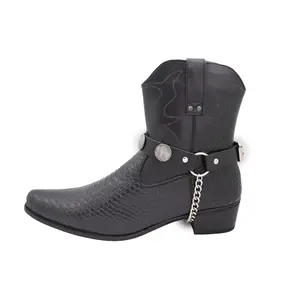 Men Biker Boot Bracelets Black Faux Leather Straps Silver Chains Bull Buffalo Pair 2 Pcs