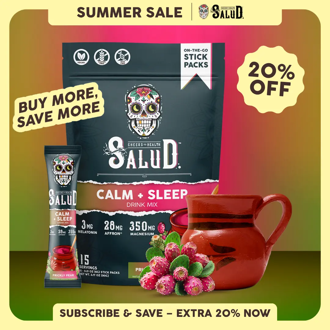 Salud 2-in-1 [Calm + Sleep - Prickly Pear] Nighttime Drink Mix,Agua Fresca, Melatonin, Magnesium, Saffron Extract, L-Theanine, Relaxation & Sleep Support, Non-GMO, Gluten Free, Vegan, Low Calorie, 1g Sugar (15 Servings)