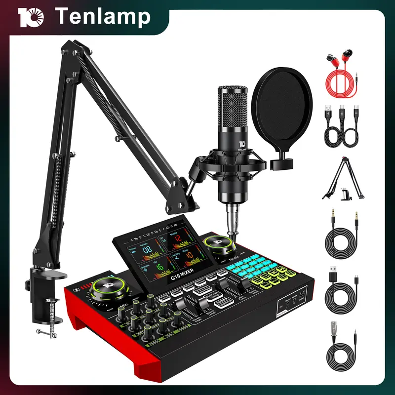 【NETO】Tenlamp G10-P15 Cantilever Sound Card Kit, Upgraded Cantilever Bracket, Customizable Sound Effects, Condenser Microphone, Suitable for Live Streaming, Gaming, Vocal Podcasting, 2-Level Noise Cancellation, and Computer Audio Mixing