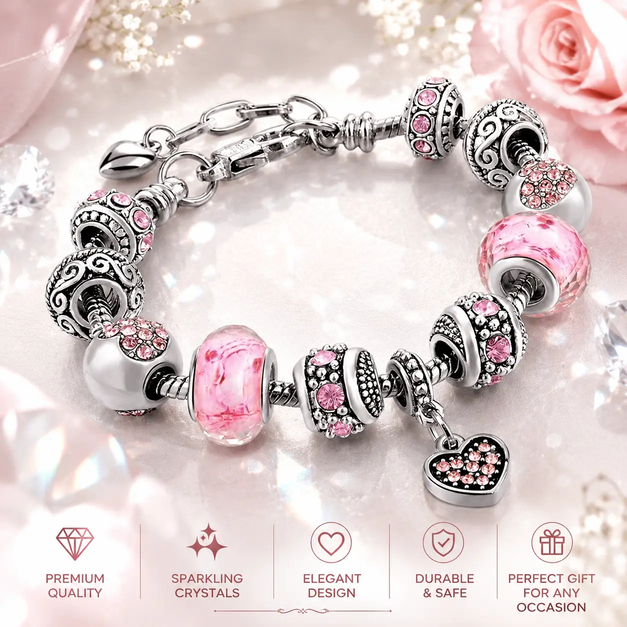 Women's 1-Piece Elegant Pink Heart-Shaped Pendant Italian Female Bracelet - 41g, 6.7cm Adjustable Snake Chain, 4.5cm Width, Metal Coating, Beaded Detail, Exquisite Costume Jewelry, Arm Candy, Daily Wear, Valentine's Day Gift, One-Piece